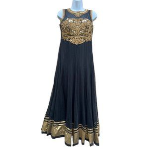 Gold And Black  Embroidery Indian Womens Dress Formal Wedding Attire Beaded